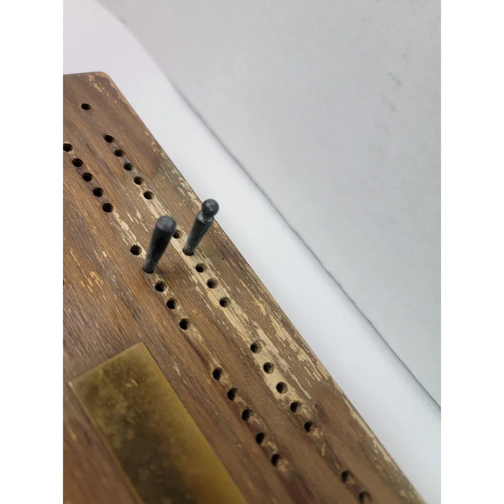 Vintage Wooden Cribbage Board Domino Set w/ Storage Box Pegs 28 Dominoes